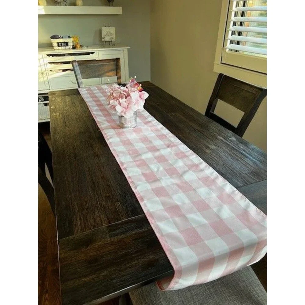 Pink and White Buffalo Checked Gingham Waterproof Table Runner 14x108 Set of 3